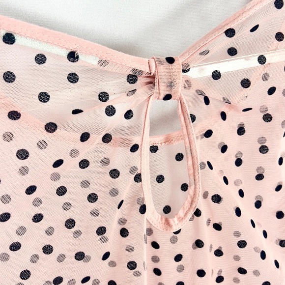 MAURICES |🎀Light Pink Navy Blue Polka Dots Long-Sleeved Sheer Mesh Shirt Blouse - Picture 7 of 8